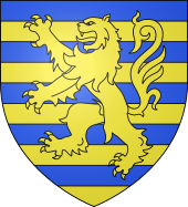 Burelé d'azur et d'or, au lion d'or, brochant sur le tout.