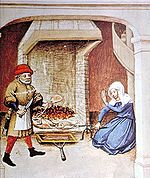 Fowl roasting on a spit. Under the spit is a narrow, shallow basin to collect the drippings for use in sauces or for basting the meat; The Decameron, Flanders, 1432.