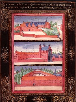 Quelques illustrations sont entourées d'un cadre différent, plus sobre, inspiré des cadres entourant les peintures néerlandaises de cette époque, mais ornementé de complexes rinceaux dorés. Ici trois vues des collèges de Douai.