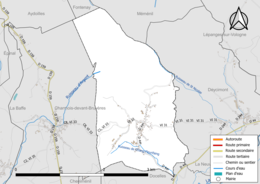 Carte en couleur présentant le réseau hydrographique de la commune