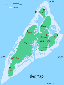 Carte des îles Yap avec des sept étoiles rouges