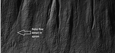 Close-up of apron on one of the gullies from previous image. Image was taken by HiRISE, under the HiWish program.