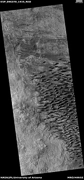 Wide view of a field of sand dunes, as seen by HiRISE under HiWish program