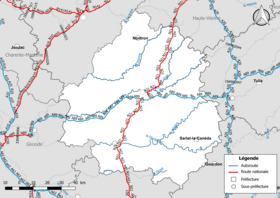 Carte du réseau routier national (autoroutes et routes nationales) dans le département de la Dordogne