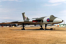 Avro Vulcan, 1988. Large low-visibility roundels, upper wings and fuselage with matching fin flash.