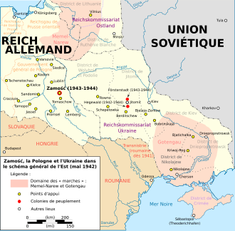 Carte des territoires conquis par l'Allemagne en Europe de l'Est en 1942. Zamosc est situé dans le Gouvernement général.