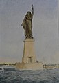 Illustration du projet de Bartholdi pour le canal de Suez (1869), projet abandonné mais qui a servi de base à la statue de la Liberté.