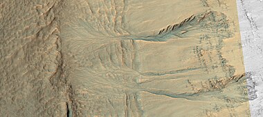 Gullies, as seen by HiRISE Picture is about 1 km across.