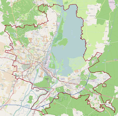 Mapa konturowa Szczecina, blisko centrum na lewo znajduje się punkt z opisem „ul. Pawła VI 471-459 Szczecin”