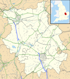 Mapa konturowa Cambridgeshire, blisko centrum na dole znajduje się punkt z opisem „Oakington”