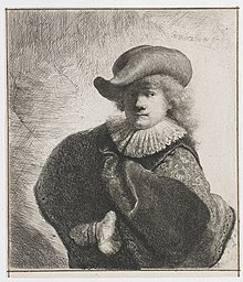 Gravure en noir et blanc. Homme apprêté avec une grande distinction : il porte un grand chapeau élégant, un large col en dentelle blanche et un manteau dont les manches portent des motifs floraux.