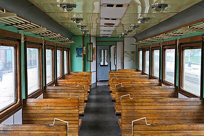 Interior of a control car with wooden seats