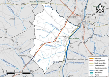 Carte en couleur présentant le réseau hydrographique de la commune