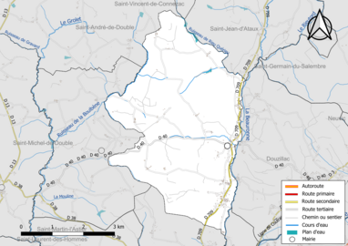 Carte en couleur présentant le réseau hydrographique de la commune