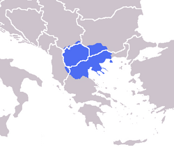 The IMRO-led government claimed the entire region of Macedonia (blue) in the Balkans.