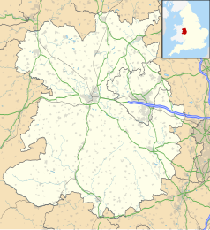 Mapa konturowa Shropshire, blisko centrum u góry znajduje się punkt z opisem „Yorton”