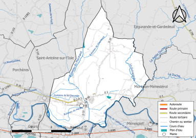 Carte en couleur présentant le réseau hydrographique de la commune