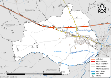 Carte en couleur présentant le réseau hydrographique de la commune