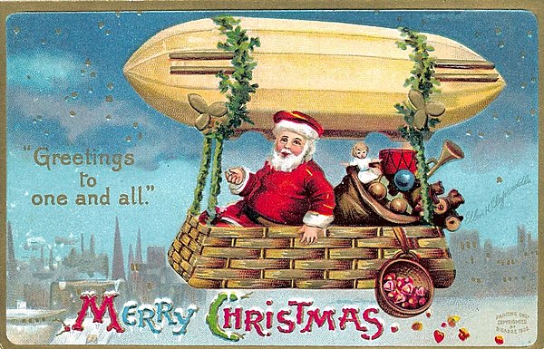 Christmas postcard featuring Santa Claus using a zeppelin to deliver gifts, by Ellen Clapsaddle, 1909