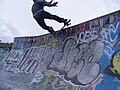 Un skater effectue un trick au coping. Il réalise une figure en appui au niveau de la lèvre d'une rampe (coping).