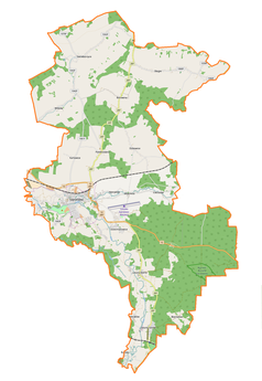 Mapa konturowa gminy Szprotawa, po lewej znajduje się punkt z opisem „Kościół św. Andrzejaw Szprotawie”