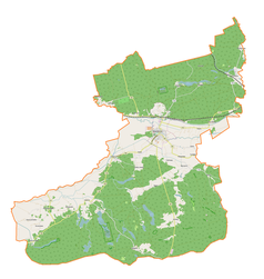 Mapa konturowa gminy Drezdenko, blisko lewej krawiędzi na dole znajduje się punkt z opisem „Goszczanówko”