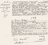 Acte de décès de Gabrielle Dudevant-Sand. Opérée d'une tumeur au mois de janvier 1909, son état de santé déjà fragilisé, se dégrade rapidement à la suite d'une grippe. Gabrielle meurt le 27 juin 1909 au château de Nohant, à l'âge de 41 ans.