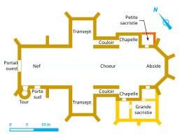 Plan d'un édifice religieux mentionnant, au moyen de couleurs, la péériode de construction des différentes parties.