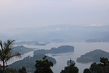 A view of the islands found within Lake Bunyonyi from Arcadia Lodges in Kabale District.