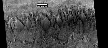 Gullies in crater in Phaethontis quadrangle, as seen by HiRISE under HiWish program Spatulate depressions are visible.