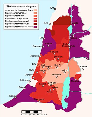 The Hasmonean Kingdom starts with a core of Judea around Jerusalem, and expands to the north, west, and south