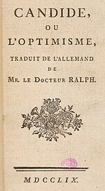 עמוד הפתיחה למהדורת פריז 1759. הכיתוב: "קנדיד או האופטימיות, מתורגם מגרמנית על ידי דוקטור ראלף"
