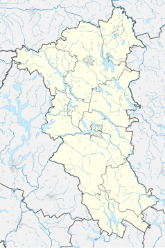 Mapa konturowa powiatu ostródzkiego, na dole nieco na prawo znajduje się punkt z opisem „Zamek w Dąbrównie”