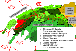 Vizovica montetaro enkadre de Eksteraj Okcidentaj Karpatoj, markita ruĝe