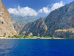 Mediterranean Region: Butterfly Valley in Fethiye. Mediterranean coastal beaches are popular among tourists.[339]