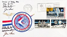 Envelope with mission patch logo, three stamps and two postmarks