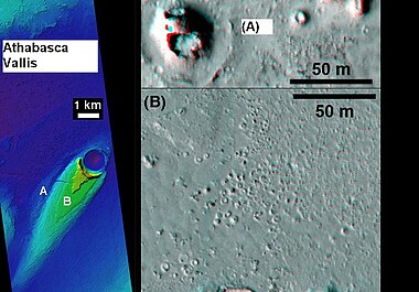 Cones in Athabasca Vallis, as seen by HiRISE. Cones were formed from lava interacting with ice. Larger cones in upper image were produced when water/steam forced its way through thicker layer of lava. Difference between highest elevation (red) to lowest (dark blue) is 170 m (560 ft).