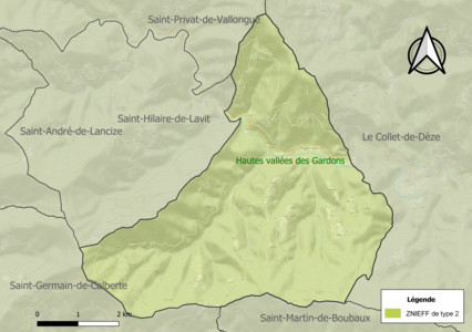 Carte de la ZNIEFF de type 2 sur la commune.