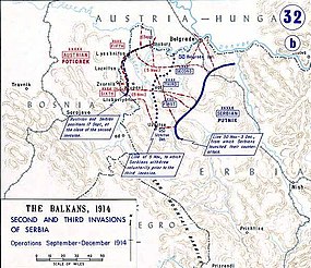 Mapa znázorňující třetí rakousko-uherskou invazi do Srbska, listopad – prosinec 1914