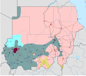 Vojenská situace v Súdánu k srpnu 2024      Kontrolováno súdánskou armádou a spojenci      Kontrolováno Jednotkami rychlé podpory      Kontrolováno SPLM-N (al-Hilu)      Kontrolováno SLM (al-Nur)