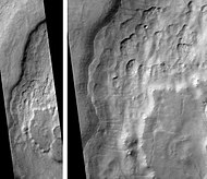 Mad Vallis, as seen by HiRISE, exhibiting scalloped terrain. Picture on right is an enlargement of part of the other picture. Image in Hellas quadrangle.