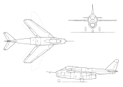 Desenho mostrando ângulos diferentes da aeronave, de cima, de perfil e de frente.