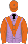 Mauve, orange chevrons on sleeves, orange cap