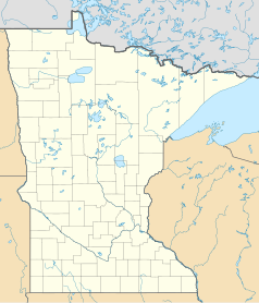 Mapa konturowa Minnesoty, po lewej znajduje się punkt z opisem „Pelican Rapids”