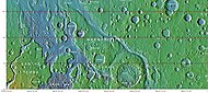 Tography map of Oxia Palus region of Mars showing the location of a number of chaos regions and valleys, including Shalbatana Vallis