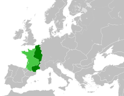 The Kingdom of France in 1190. The bright green area was controlled by the so-called Angevin Empire.