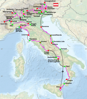 Olaszország térképén a lila vonal mutatja a Giro d’Italia útvonalát.