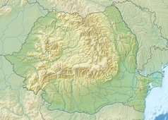 Mapa konturowa Rumunii, u góry nieco na lewo znajduje się punkt z opisem „źródło”, natomiast blisko górnej krawiędzi po lewej znajduje się punkt z opisem „ujście”