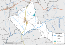 Carte en couleur présentant le réseau hydrographique de la commune