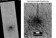 HiRISE images showing discovery of a new crater with HiWish program. A study of the dark areas around new craters like this revealed that dark patches fade by global atmospheric dust deposition and are more likely to occur at higher-latitude sites, lower-elevation sites, and at sites with smaller central craters. Changing back to the surrounding albedo takes on average 15 martian years.[28]